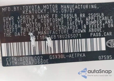 2008 Toyota Avalon Limited z USA, uszkodzony, nr VIN 4T1BK36B18U265071